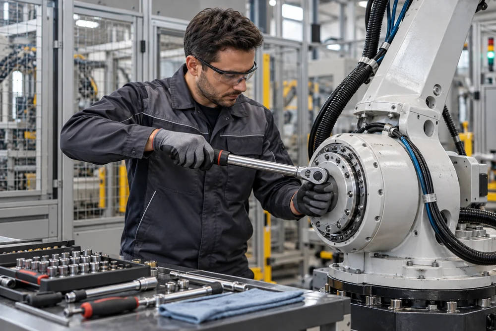 Endüstriyel robot üzerinde mekanik bakım çalışması